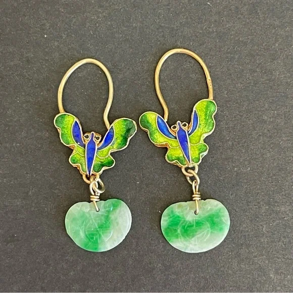 Antique Chinese export gilt silver carved jade & enamel butterfly earrings.